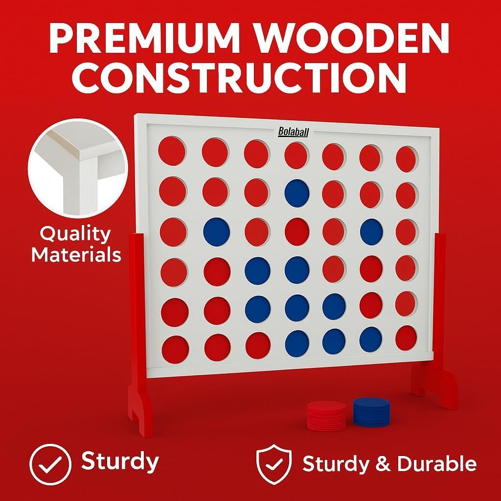 Giant Connect Four Game 1.8FT - Jumbo 4 in a Row Outdoor Lawn Game with 42 Discs & Storage Bag for Adults Kids Family | Wooden & Plastic Yard Game for BBQ Camping Party Holiday - Indoor Outdoor