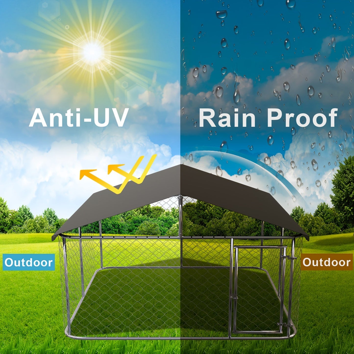 Outdoor Dog Kennel Enclosure Heavy Duty - Galvanized Steel Wire Mesh Dog Cage with Rain & UV-Proof Roof Cover, Secure Lock & Ground Nails, Large Dog Run Fence for Backyard, 3 Sizes Available
