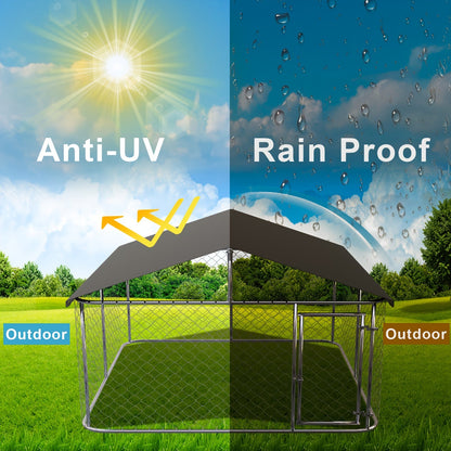 Outdoor Dog Kennel Enclosure Heavy Duty - Galvanized Steel Wire Mesh Dog Cage with Rain & UV-Proof Roof Cover, Secure Lock & Ground Nails, Large Dog Run Fence for Backyard, 3 Sizes Available