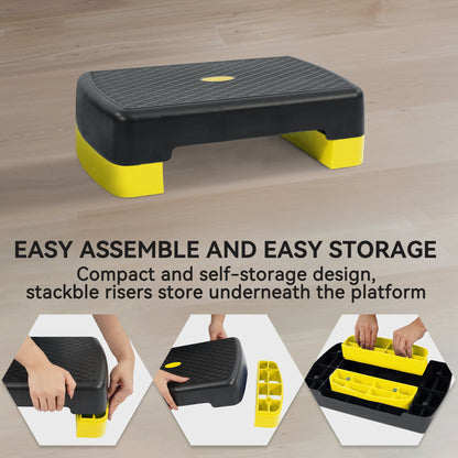 Aerobic Step Platform Adjustable Height with 2 Risers – Non-Slip Workout Stepper 18"x11", 440 LB Capacity, Space-Saving Design for Home Gym Cardio, Strength & Toning, 4 Color Options