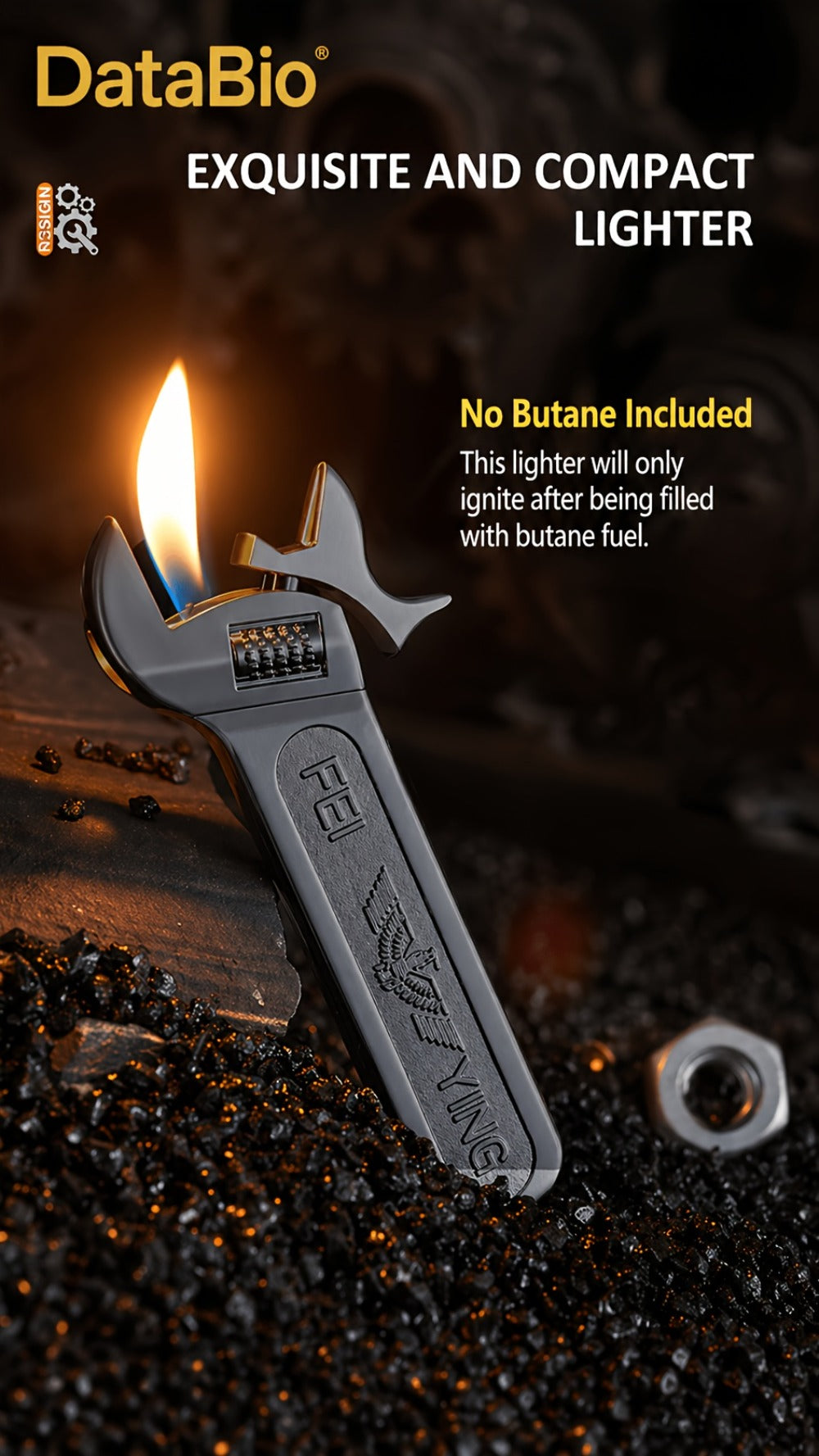 Spanner Shape Novelty Lighter – Refillable Butane Windproof Metal Lighter, Cool Gadget Gift for Men | Father's Day Gift Idea | Bright Chrome & Black | No Butane Included