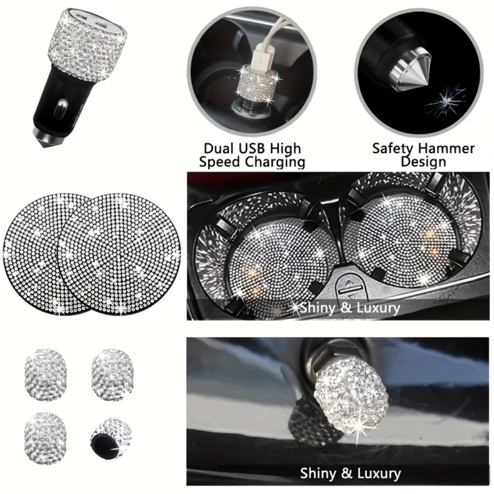 Bling Car Accessories Set 27pcs - Glitter Steering Wheel Cover 15 Inch, Bling License Plate Frame, Phone Holder & Car Coasters for Women & Men