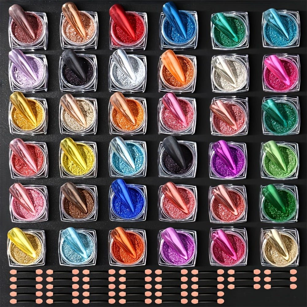 Chrome Holographic Nail Powder Set 36 Colors – Mirror Chrome Glitter Pigment Dust Kit for Gel Nails Acrylic Manicure DIY Nail Art Decoration
