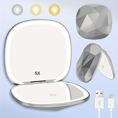 LED Makeup Mirror with 5X Magnification & 3 Color Lights - Dual Sided 1X 5X Lighted Vanity Mirror, Portable Compact Travel Mirror for Women, Purse Desk Office Gift