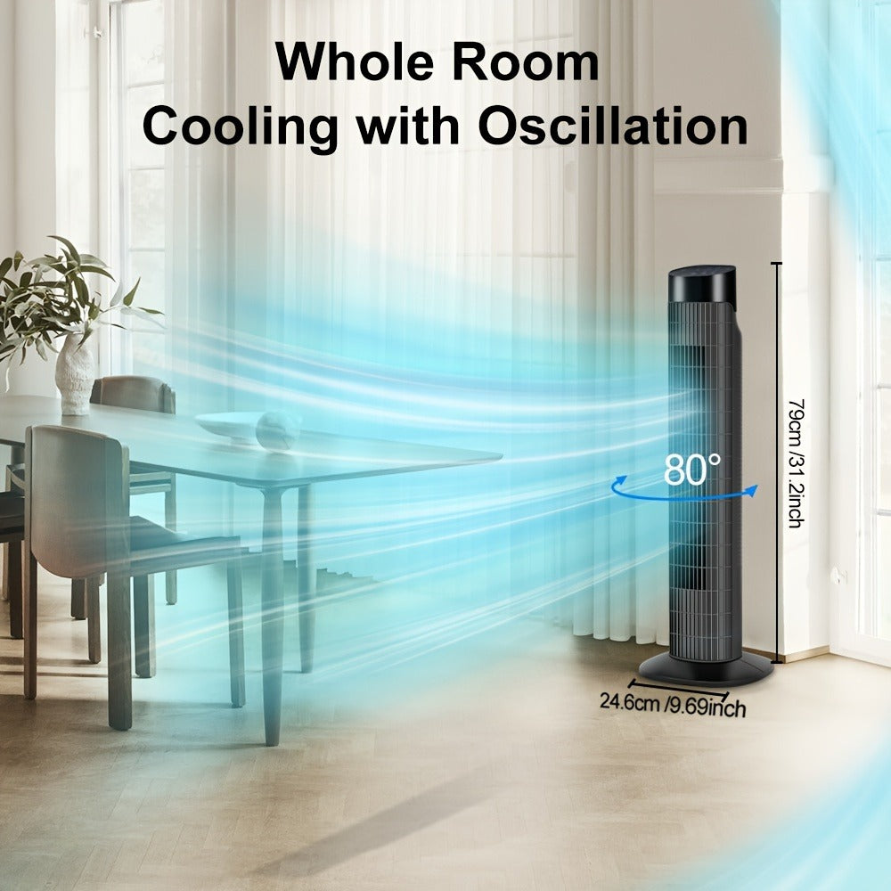 Tower Fan 31 Inch Bladeless | 80° Oscillating Standing Fan with Remote Control, 7.5H Timer & 3-Speed Settings, Quiet Cooling Fan for Bedroom, Living Room & Office – Black & White