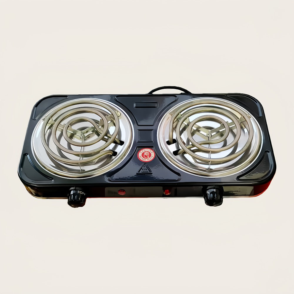Portable Electric Stove Tabletop Double Burner – Adjustable Rotary Temperature Control, Compact Electric Charcoal Heater for Home, Office, Dorm, Camping, Milk & Coffee Heating, Black