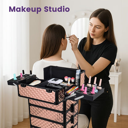 Rolling Makeup Train Case 4-in-1 Large Portable Cosmetic Trolley with 360 Degree Swivel Wheels Beauty Sponge Included Professional Salon Travel Organizer Gradient Purple Rose Gold