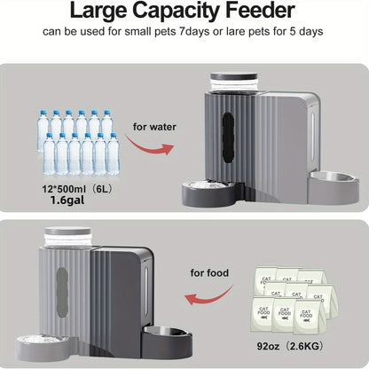 Gravity Dog Water Dispenser & Feeder 2-in-1 Set – 1.59 Gal Water + 5.73 lb Food, Automatic No-Electric Gravity Feeding Station with 304 Stainless Steel Bowl, Removable & Washable, for Small Medium Large Dogs All Life Stages