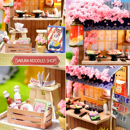 DIY Miniature Shop Dollhouse Kit with Dust Cover – Wooden Mini Store Assembly Set, 4 Themes Sakura Noodles Candy Atelier Coffee, Creative Home Decor Display Gift for Adults & Teens Birthday Christmas