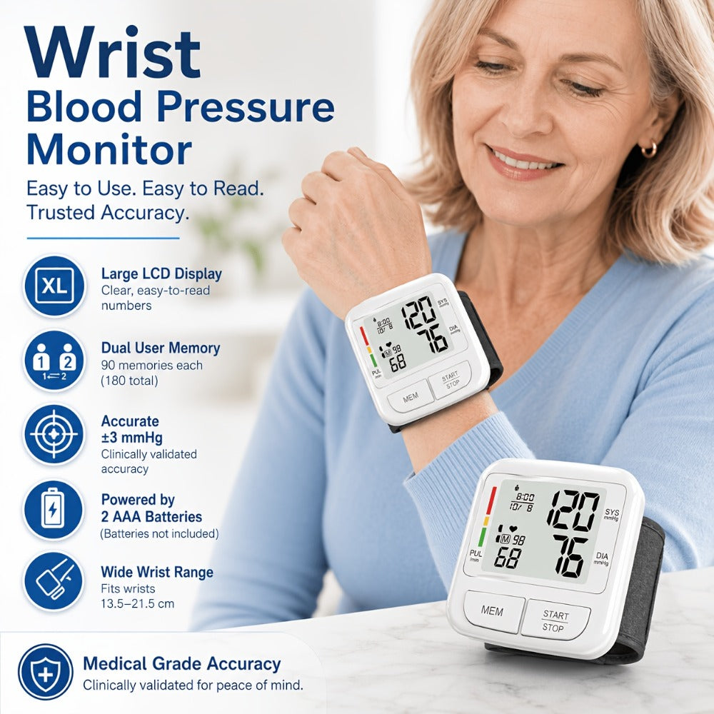 Blood Pressure Monitor Upper Arm Wrist Digital BP Machine LCD Backlit Display 2x90 Memory Arrhythmia Detection Home Use Portable Accurate Heart Rate Monitor with Adult Cuff 5.3-8.4 Inch
