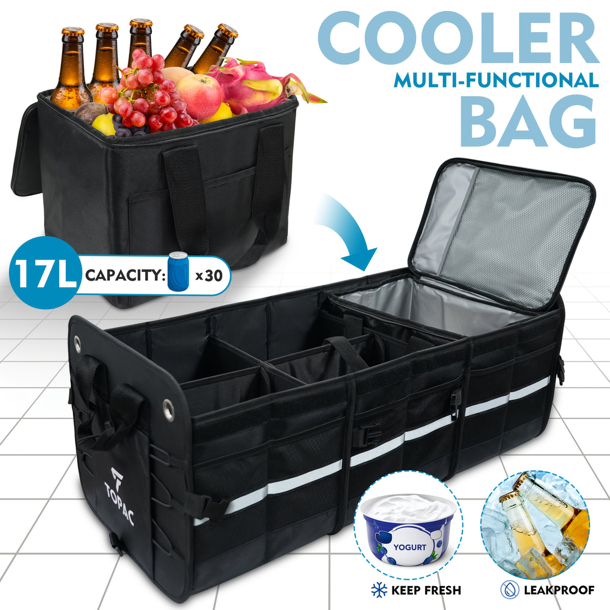 TOPAC Car Trunk Organizer with 3 Compartments with Cooler Bag, - Trunk Organizer, Foldable Trunk Organizer for SUVs & Sedans, Sturdy Car Organization for Car Accessories, Tools, Sundries, Black, 29.92*14.57*12.61"