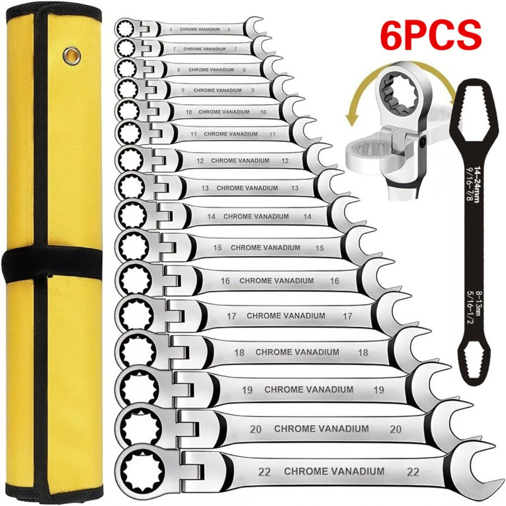 Flexible Head Ratchet Wrench Set 6-Piece – 72-Tooth 180° Dual-End CR-V Steel, Metric 6-10mm Double-Headed Wrenches for Auto, Motorcycle & Bike Repair, Compact Tool Kit