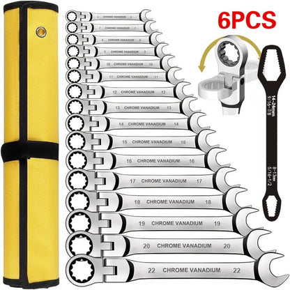 Flexible Head Ratchet Wrench Set 6-Piece – 72-Tooth 180° Dual-End CR-V Steel, Metric 6-10mm Double-Headed Wrenches for Auto, Motorcycle & Bike Repair, Compact Tool Kit