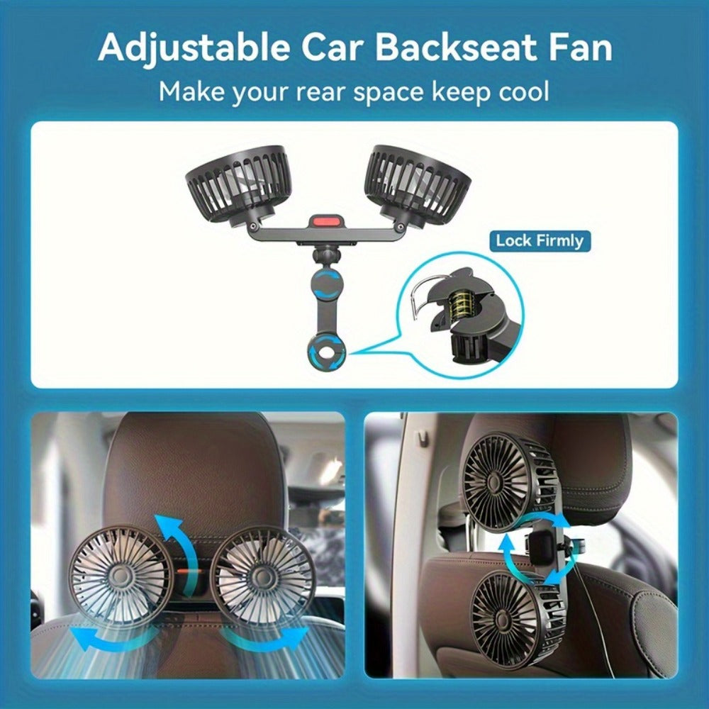 Car Fan for Back Seat - Dual Head USB Cooling Fan, Foldable 360° Rotation, Ultra-Quiet Motor, 70-Inch Cord, for Vehicle, Home & Office Use