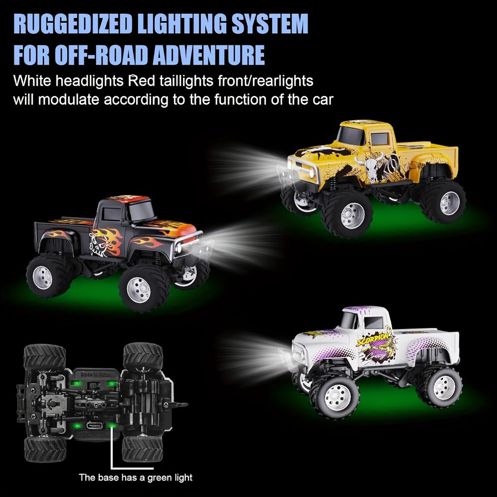 RC Monster Truck 1:64 Scale Alloy Shell with LED Lights | Multi-Control Modes, Adjustable Speed & Steering | Mini Off-Road Toy Car for Kids Adults