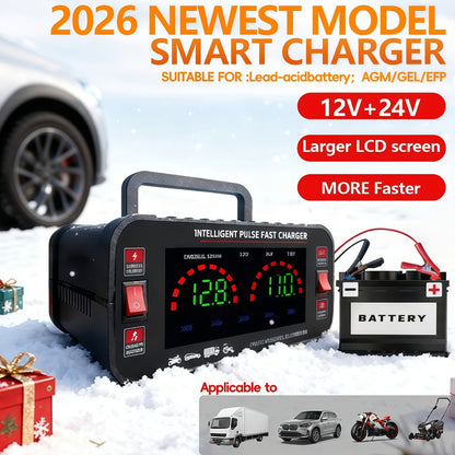 Car Battery Charger 12V/24V with LCD Display – Fast Charging Portable Maintainer for Cars, Trucks, RVs & Motorcycles, Overcharge Protection, Lead-Acid Compatible