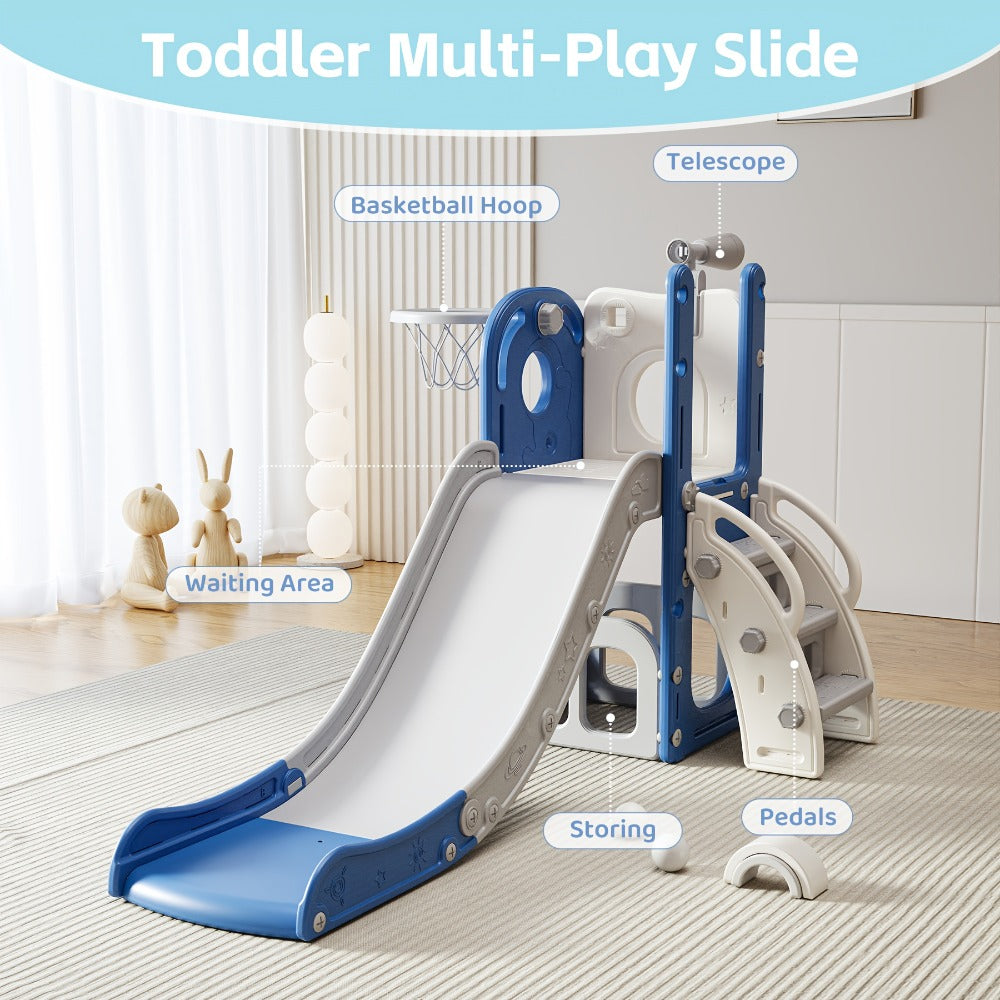 Toddler Slide & Climber Playset L-Shaped Indoor Outdoor Playground with Basketball Hoop Storage Telescope Easy Assembly Birthday Gift Boys Girls