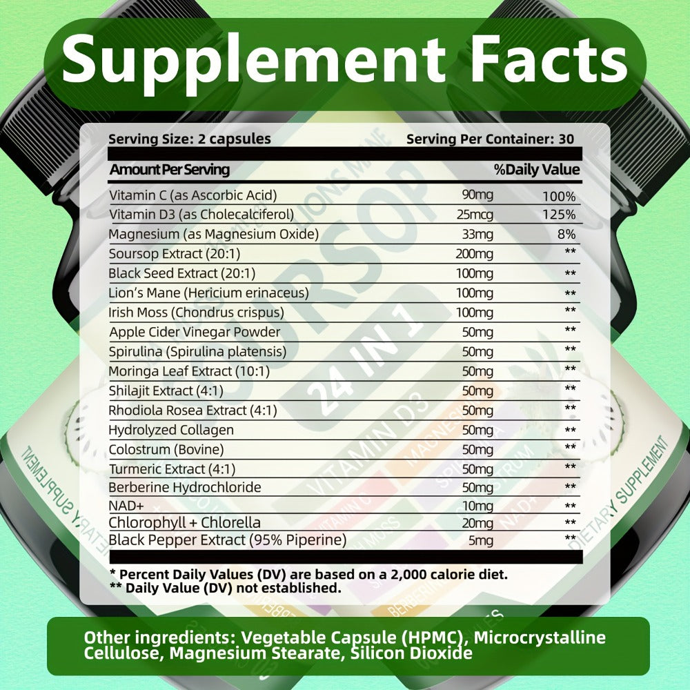 Soursop Capsules Advanced Herbal Supplement with Shilajit, Irish Moss, Berberine & NAD+ – Immunity, Antioxidant & Circulatory Support | Vitamin D3, C & Magnesium | ShopVora UK