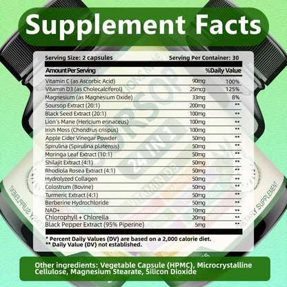 Soursop Capsules Advanced Herbal Supplement with Shilajit, Irish Moss, Berberine & NAD+ – Immunity, Antioxidant & Circulatory Support | Vitamin D3, C & Magnesium | ShopVora UK