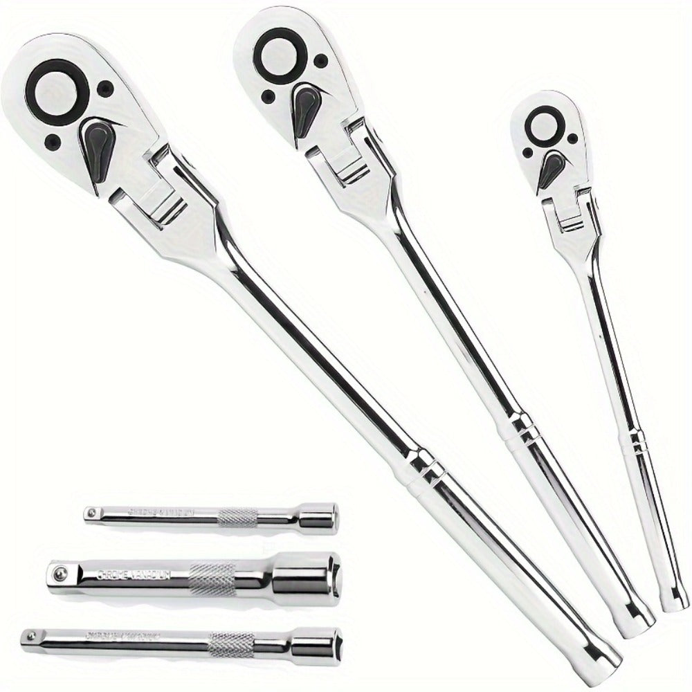 6-Piece Ratchet Wrench Set 1/4" 3/8" 1/2" Drive – Rotating Head Ratchet with Extension Bar, Chrome-Plated Stainless Steel, EVA Foam Storage Case | No Battery Required