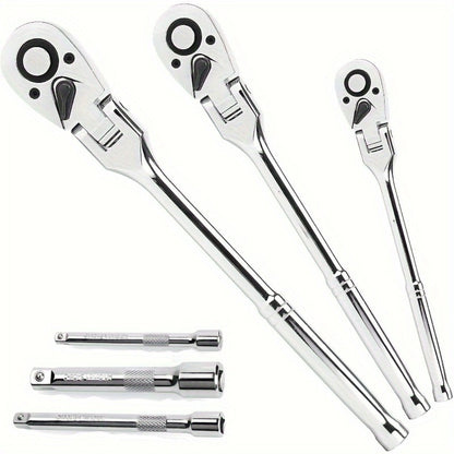 6-Piece Ratchet Wrench Set 1/4" 3/8" 1/2" Drive – Rotating Head Ratchet with Extension Bar, Chrome-Plated Stainless Steel, EVA Foam Storage Case | No Battery Required