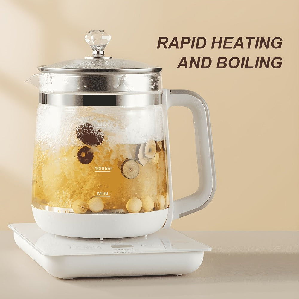 Multifunctional Electric Kettle 1.8L – Thick Glass Health Kettle with 18 Smart Functions, Boil Water, Make Coffee, Cook Porridge & Steam Eggs, Removable Filter, Tea Set Included, US Plug – White