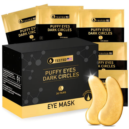 24K Gold Collagen Eye Mask Patches 36 Pairs Under Eye Patches with Collagen Glycerin Moisturizing Hypoallergenic Anti-Dark Circle Puffiness Skincare for Men Women All Skin Types