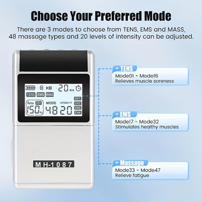 TENS EMS Unit Rechargeable Pain Relief Device, 20 Intensity Levels 48 Modes Electric Muscle Stimulator for Back Neck Shoulder Knee Wrist Pain, 8 Electrode Pads & Carry Case Included