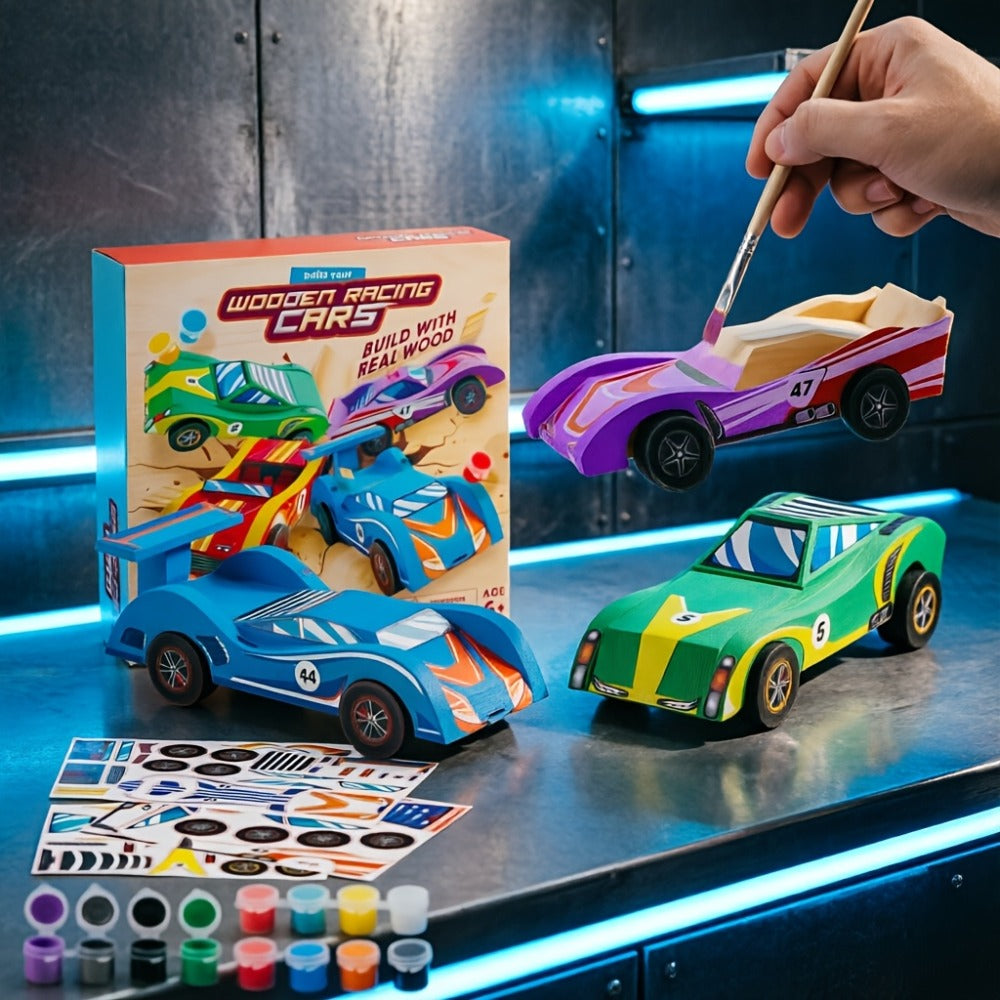DIY Wooden Race Cars 4pcs Build & Paint Kit for Kids Ages 8+ – 44 Pre-Cut Pieces 12 Colors Racing Stickers, Paint Your Own Wood Craft Toy STEM Arts Crafts Birthday Gift for Boys Girls