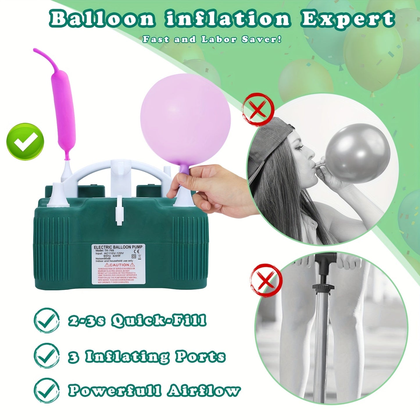 Electric Balloon Pump 3-in-1 Portable Inflator Deflator Fast Inflation for 260Q Foil Mylar Latex Double-Stuffed Balloons Pool Inflatables No Battery Required