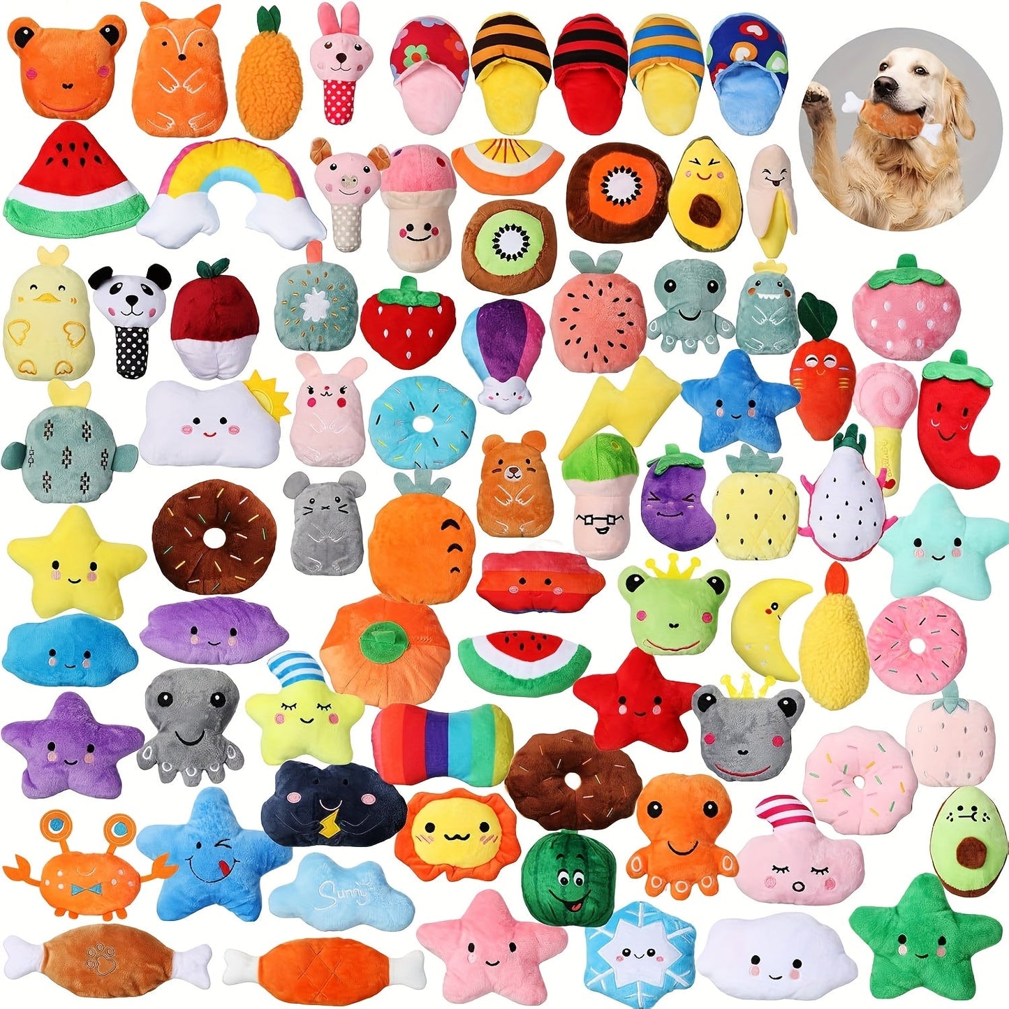 Squeaky Plush Dog Toys 80pcs Bulk Set - Colorful Fruit & Animal Shaped Stuffed Toys for Small Medium Dogs, Teething Puppy Toys Variety Pack, Interactive Plush Chew Toys for Playtime & Boredom Relief