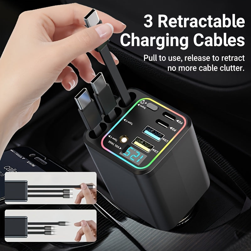 7-in-1 Car Fast Charging Mobile Phone Charger, Upgraded Color Light, Equipped With 3 Extendable Cables And Fast Charging Interface, Supports 180 ° Free Adjustment Angle, And Is Equipped With LED Intelligent Digital Display Screen, Without Battery