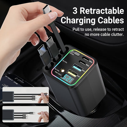 Car Charger 7-in-1 Fast Charging Hub – 3 Retractable Cables, 180° Adjustable, LED Display, USB Multi-Port for iPhone Android