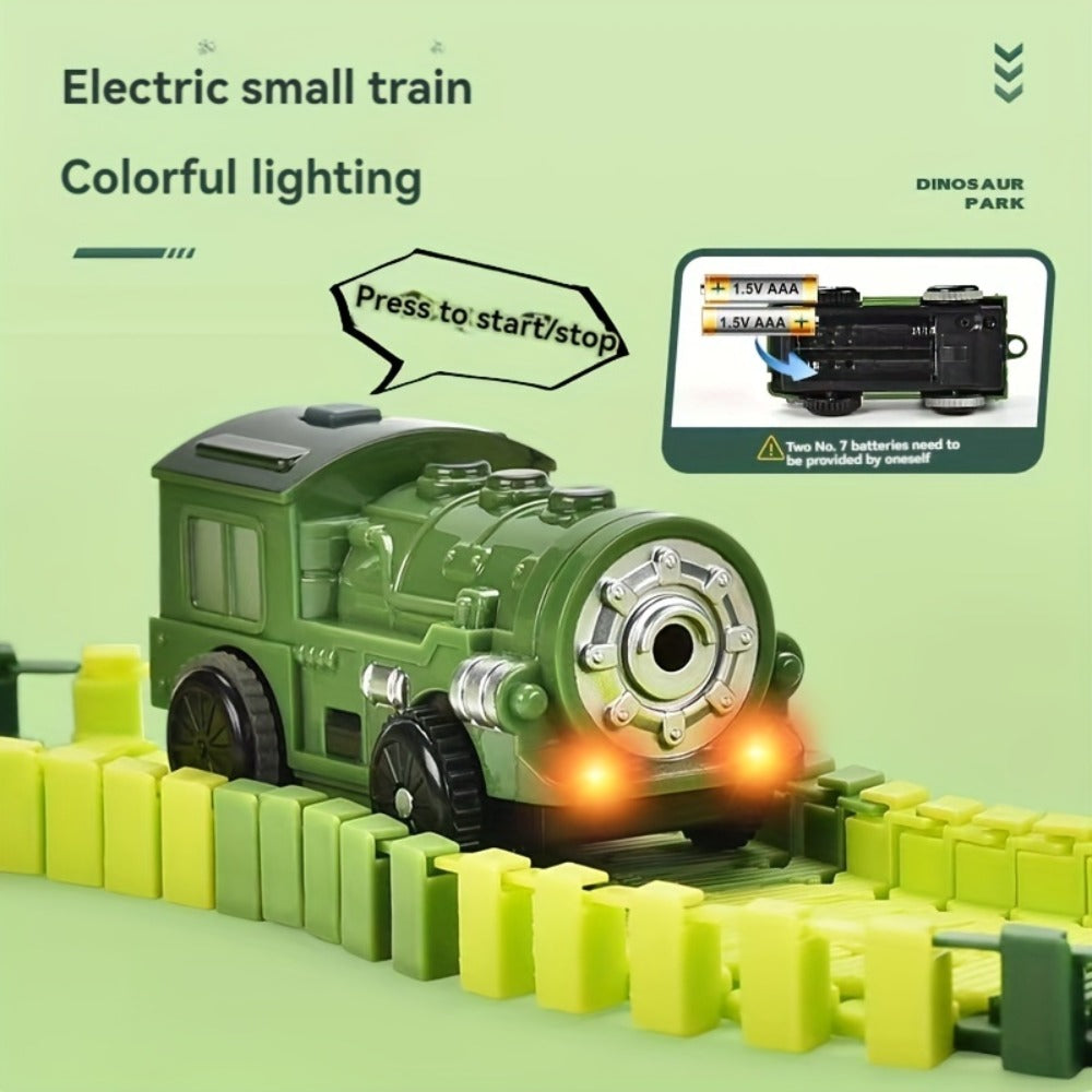 Electric Dinosaur Train Track Set 121pcs – Battery Powered Dino Swallowing Car Sliding Train Toy with Random Car Combinations for Boys Girls Kids Ages 3 4 5 6+