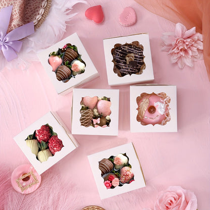 Treat Boxes 150pcs with Window | 4x4x2.5 Inch White Bakery Boxes | 3 Style Clear Window Gift Boxes for Dessert, Chocolate, Strawberries, Donuts, Cookies | Birthday Party, Wedding, Father's Day Packaging