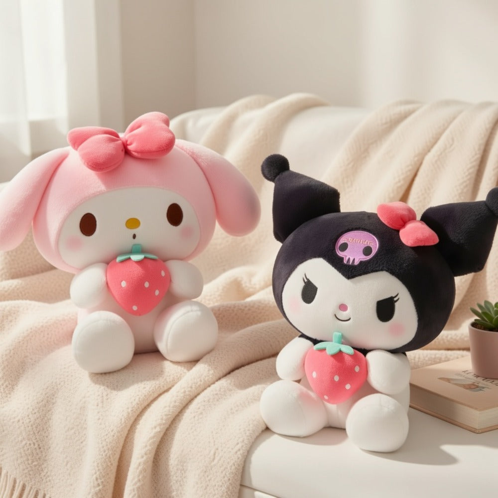 Sanrio Kuromi My Melody Strawberry Plush 9.84 Inch – Kawaii Sitting Stuffed Animal Doll for Girls, Room Decor, Stress Relief, Birthday Christmas Holiday Gift