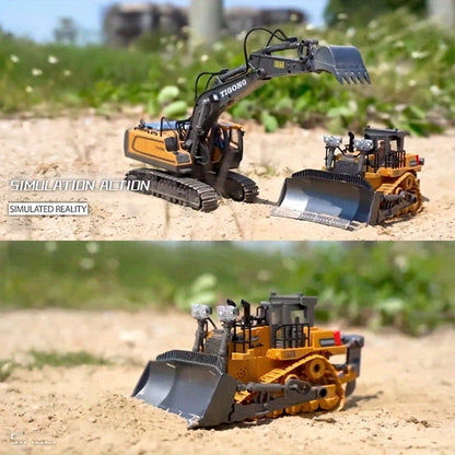 RC Construction Vehicle Toy Set 2.4GHz Remote Control Excavator Bulldozer Dump Truck Loader with Alloy Head LED Lights & Sounds – Engineering Toy for Boys Girls Kids Ages 6+ Birthday Christmas Gift