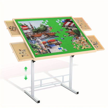 Jigsaw Puzzle Table with 4 Drawers 1500 Pieces – Adjustable Angle & Height 35"x26" Tilting Wood Board with Metal Legs, Ergonomic Puzzle Workstation for Adults Seniors Neck Back Pain Relief, Christmas Gift