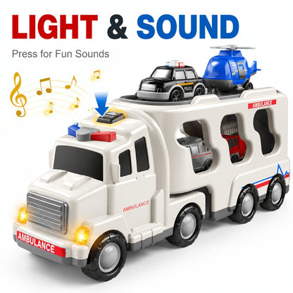Ambulance Carrier Truck Toy Set 5-in-1 with Light & Sound for Kids Ages 3-8 – Friction Powered Rescue Vehicle Playset Fire Truck Police Car Helicopter Mini Cars Birthday Christmas Gift Boys Girls