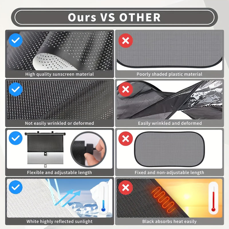 Set of 2 Car Window Curtains with One-Click Storage, Made of PVC in Black. These Retractable Side Curtains Are Easy to Install And Effectively Block UV Rays And Intense Sunlight. They Serve As Anti-Glare Heat Shields