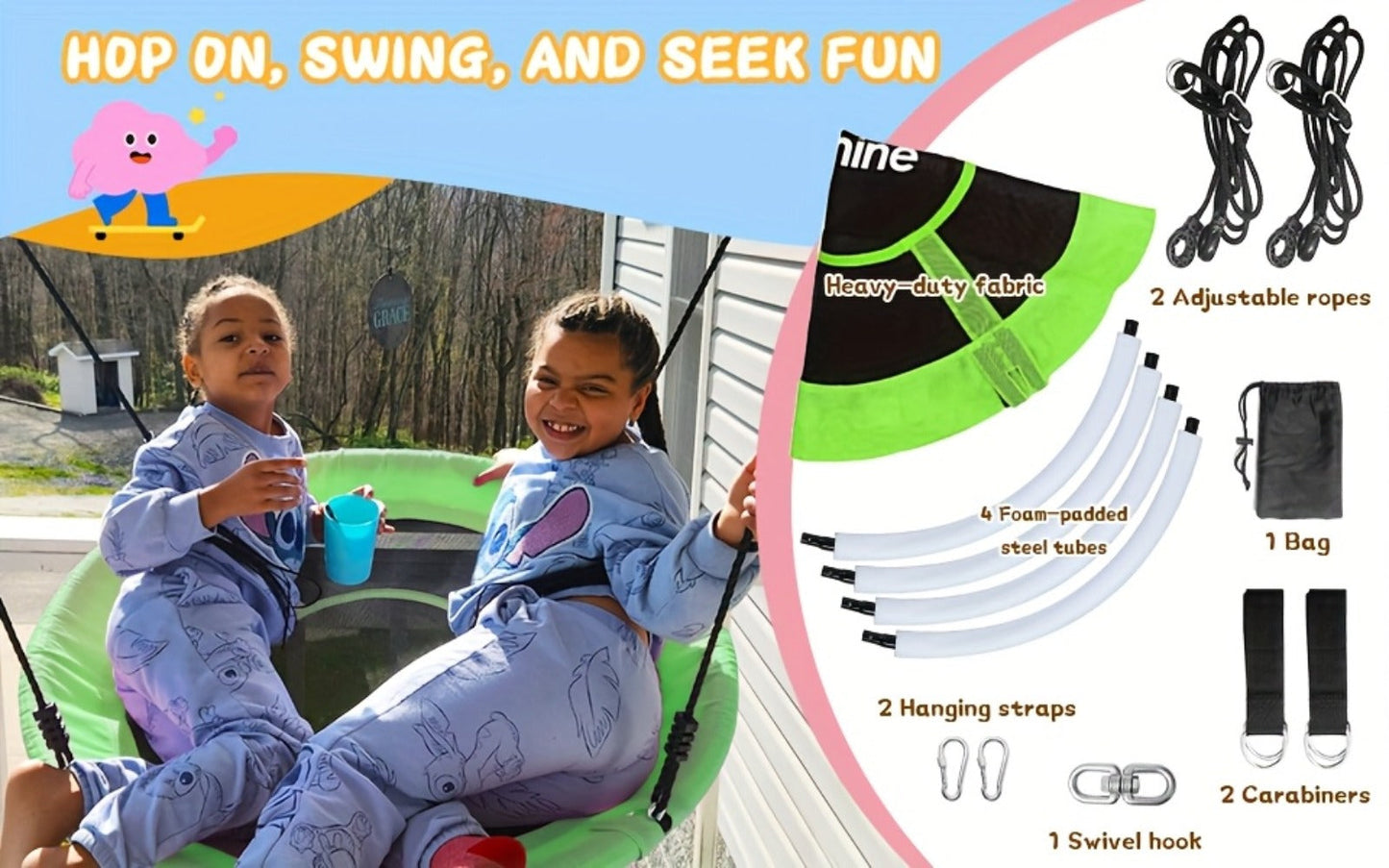 43 Inch Saucer Swing for Kids Outdoor – 360° Spinning Nest Swing with Swivel, Adjustable Ropes & Hanging Straps for Tree or Swing Set | Best Backyard Birthday Gift for Boys and Girls