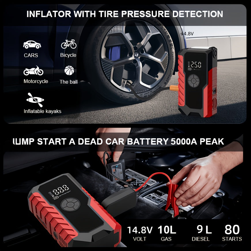 10000A 7-In-1 Multifunctional Emergency Jump Starter with 150PSI Air Pump, Digital Tire Inflator, Portable Car Battery Charger, Up to 2.64gal Gas/2.38gal Diesel, LED Emergency Light & USB Charging, Car Emergency Tool. Suitable As a Holiday Gift