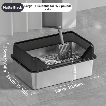 Oversized Stainless Steel Cat Litter Box with Lid – High Walls Non-Stick Leakproof, Includes Litter Scoop, XL & XXL in Khaki Gray Black