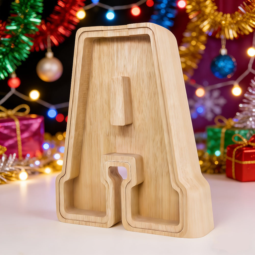 Alphabet Letter Piggy Bank A-Z Wooden Coin Bank Large Capacity Transparent – Personalized Savings Box for Kids | Back to School, Christmas & Birthday Gift