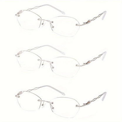Rimless Reading Glasses for Women 3 Pack - Blue Light Blocking Lightweight Metal Frameless Readers with Anti Eyestrain Lenses, Multiple Colors and Magnifications 1.0X to 4.0X
