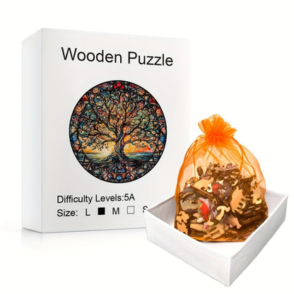 501-Piece Wooden Jigsaw Puzzle Tree of the Universe – Unique Irregular Shaped Pieces, Wood Storage Box, Cosmic Animals & Aliens Art, Brain Teaser Game, Educational Gift for Adults Teens, Christmas Halloween Birthday