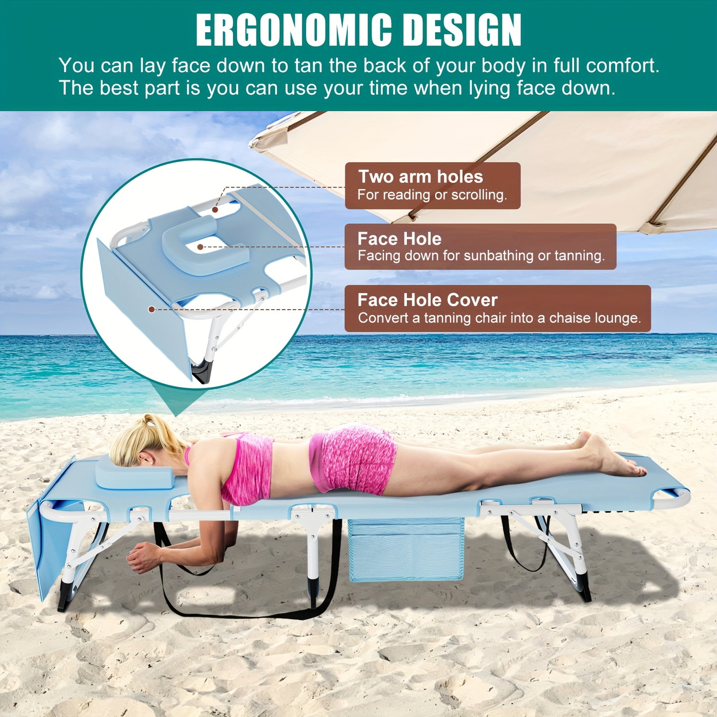 Folding Chaise Lounge Chair for Outdoor Tanning – 5-Position Adjustable Sunbathing Lounger with Face Hole for Pool, Beach & Backyard – Standard & Oversize Available