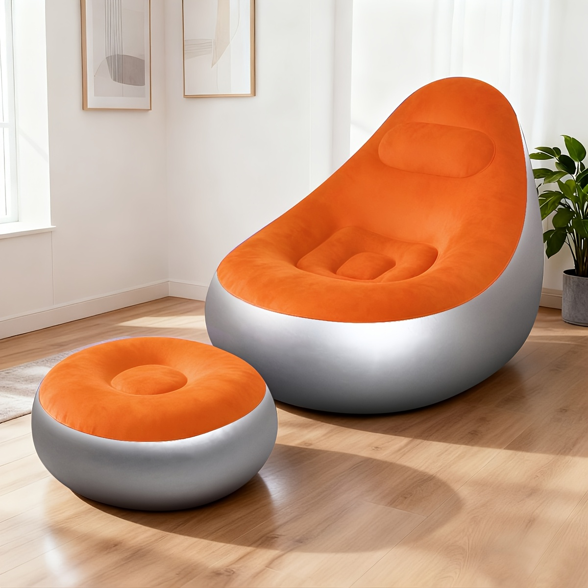 Inflatable Recliner Sofa with Footstool Set - Heavy Duty Portable Folding Air Couch with Plush Fabric & Pump Included, Space-Saving Indoor Outdoor Lounge Chair for Camping, Backyard, Living Room & Travel, 6 Colors Available