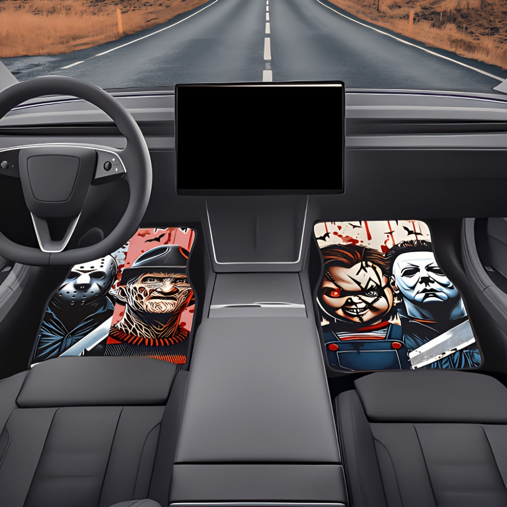 Car Floor Mats Set of 4 Halloween Theme – Universal Front & Rear All-Weather Floor Mats for Cars, SUVs & Trucks, Durable Polyester Interior Protection with Scarlet Killer Breeze Design