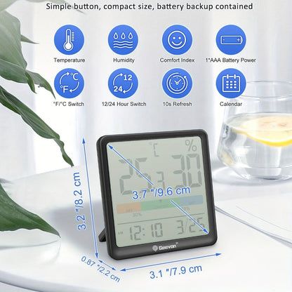 Indoor Thermometer Hygrometer Digital | Accurate Temperature Humidity Monitor with Clock & Calendar | Desktop Room Humidity Gauge for Home Office Bedroom Baby Room